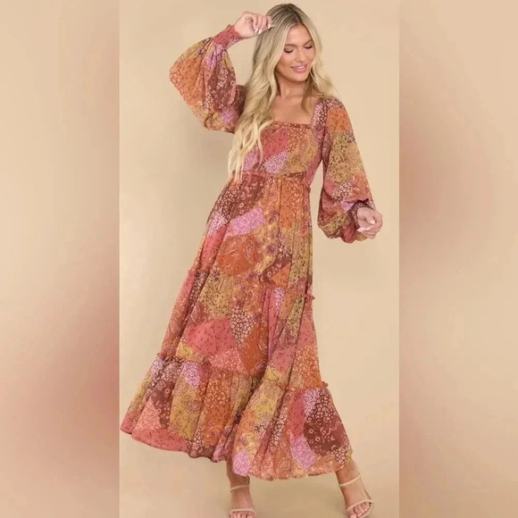 AURA maxi dress patchwork boho rust long sleeves smocked paisley stretchy - Picture 6 of 7